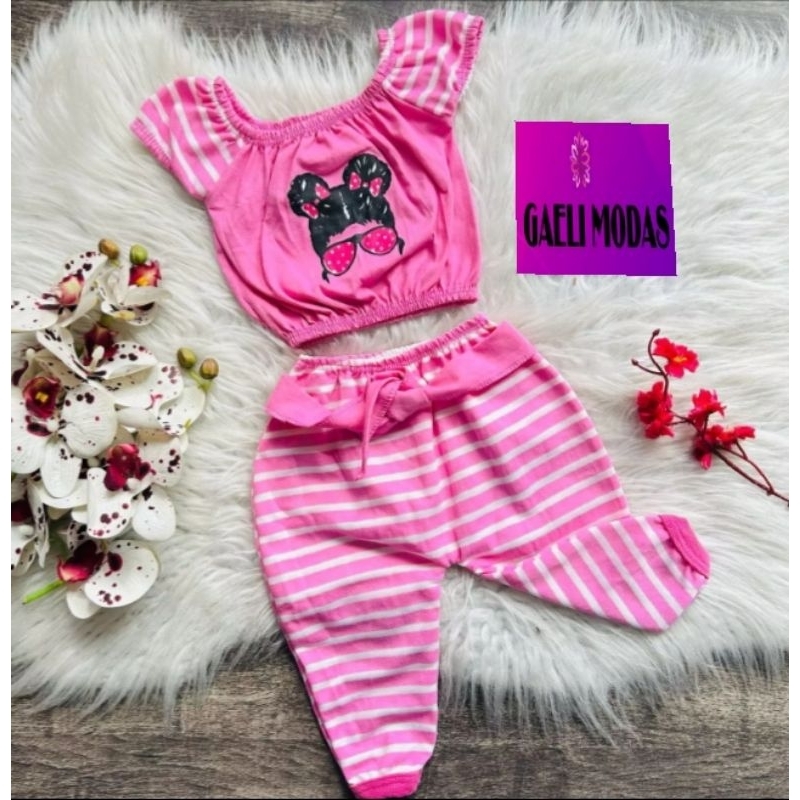 Conjunto bebê calça listrado e blusa com estampa