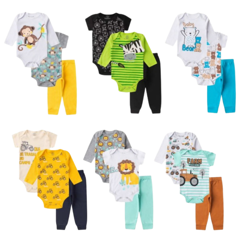 Kit Body Longo 12 Peças Menino Sortido (4 body de manga curta, 4 body manga longa, 4 calça mijão) inverno / verão