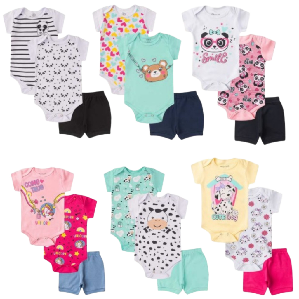 Kit Body Bebê 9 Peças Menina 3 Kits de 3 Peças Verão Infantil Manga Curta (Ideal para presente)