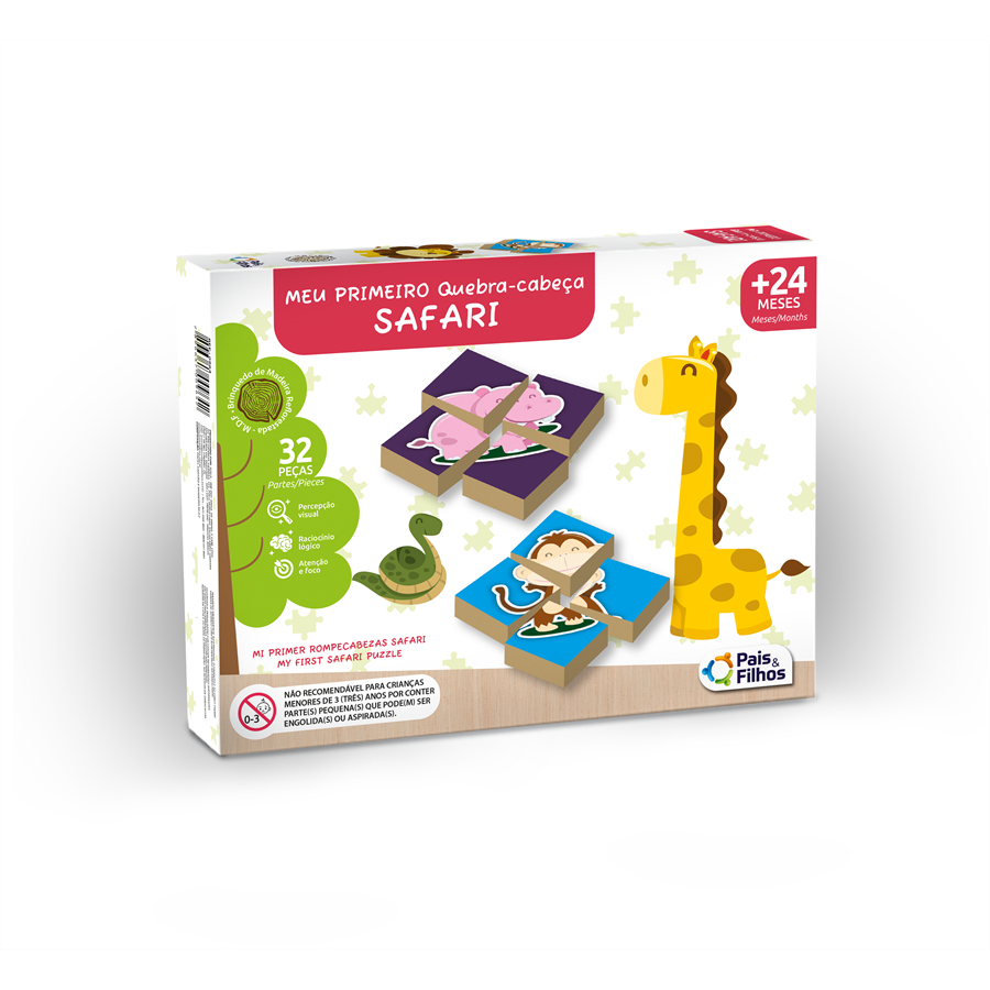 Meu Primeiro Quebra-Cabeça Safari - 32 Peças em Madeira +24 Meses Pais e Filhos em Oferta na Shopee