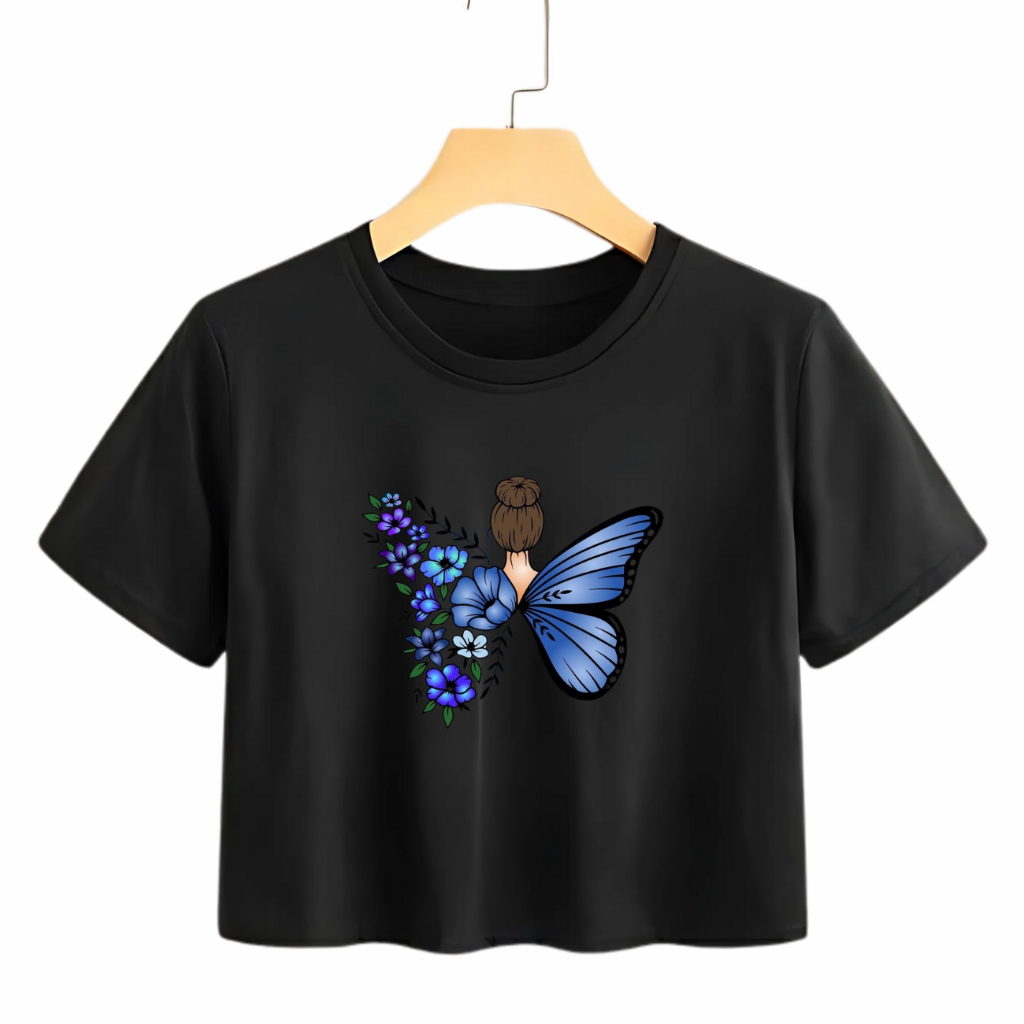 CROPPED FEMININO BASICO CONFORTAVEL BLUSA BORBOLETA ESTAMPADA