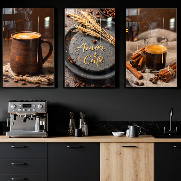 Quadros Decorativos Kit 3pçs Café Cantinho Amor Luxo Espaço Trigo Cafeteria Moderno em Oferta na Shopee
