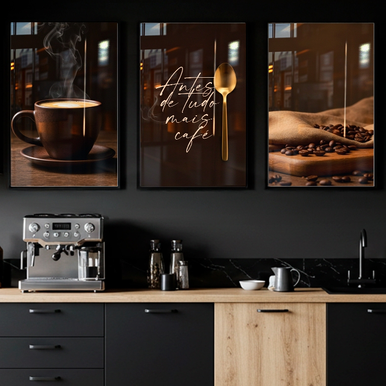 Quadro Decorativos Trio Moderno Cantinho Café Cafeteria Grãos Luxo Espaço