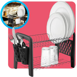 Escorredor De Louça Desmontável Slim Compacto Pia Cozinha Aço 16 Pratos Copos Talheres Preto Arthi