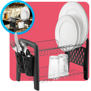 Escorredor De Louça Desmontável Slim Compacto Pia Cozinha Aço 16 Pratos Copos Talheres Preto Arthi
