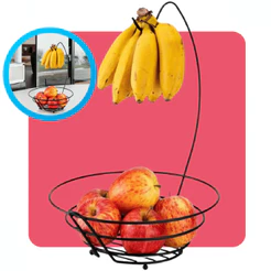 Fruteira Com Suporte Banana Aramado Cesta Organizadora Moderna Mesa Vidro Redonda Preto Black Arthi