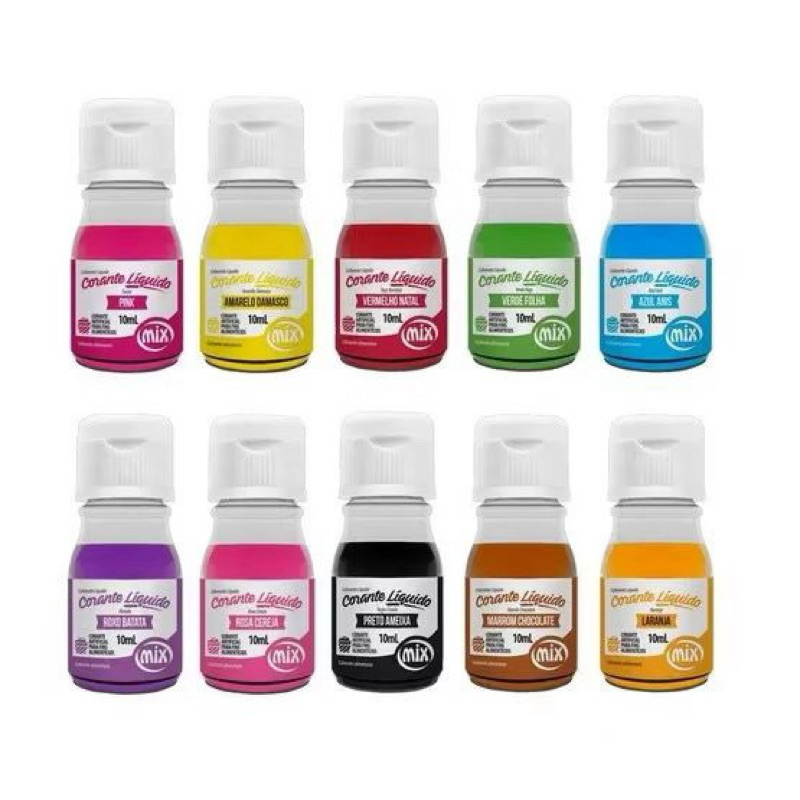5un CORANTE LÍQUIDO ALIMENTÍCIO MIX 10ml DIVERSAS CORES em Oferta na Shopee