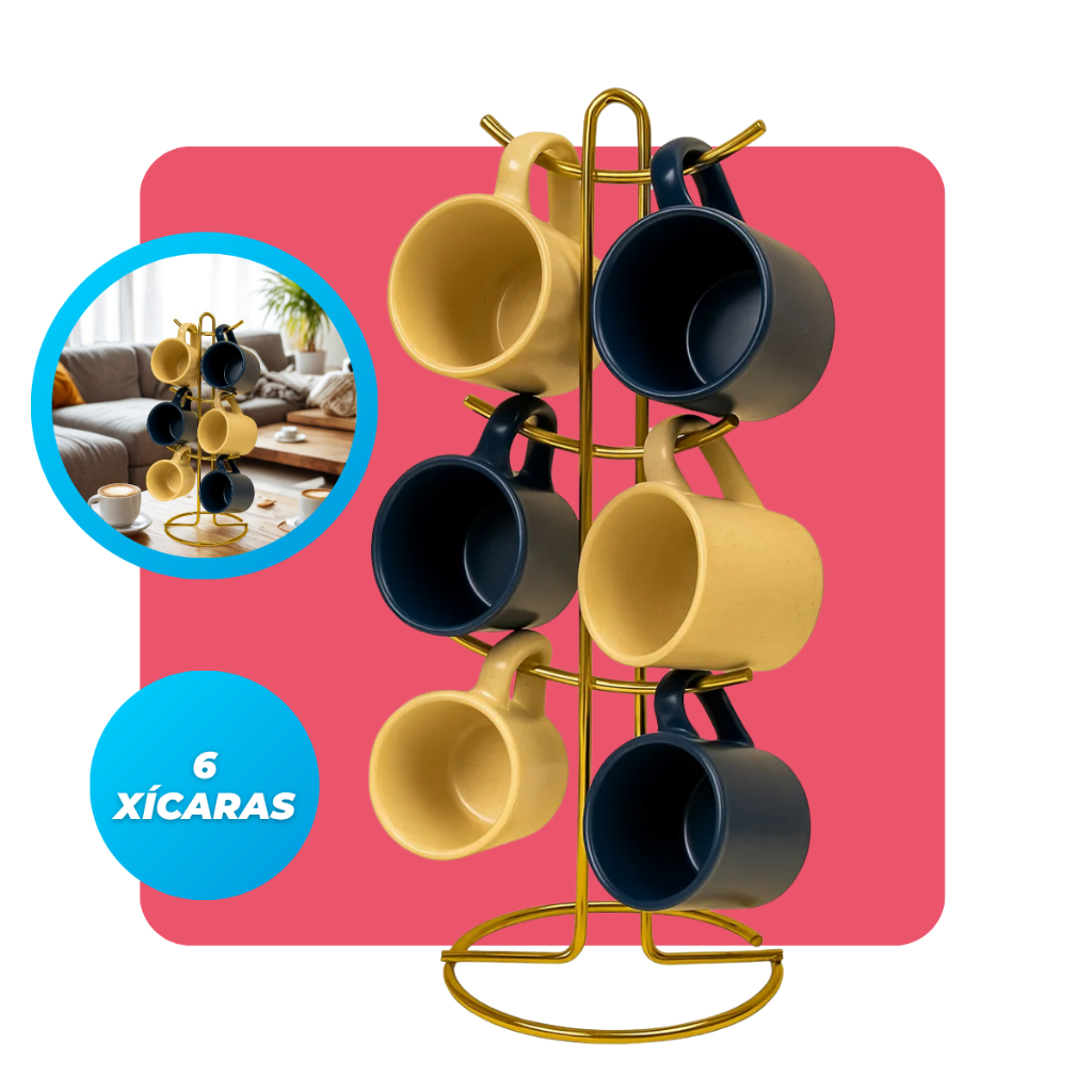 Suporte Organizador 6 Canecas Porta Xícaras Elegante Cozinha Escritório Consultório Dourado Future - Home & Living