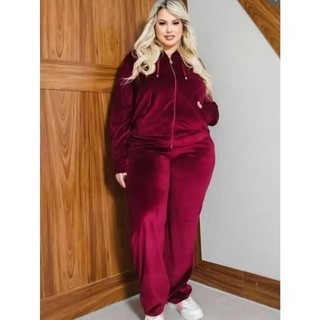Conjunto Feminino de Inverno Plus Size tecido plush com capuz e ziper