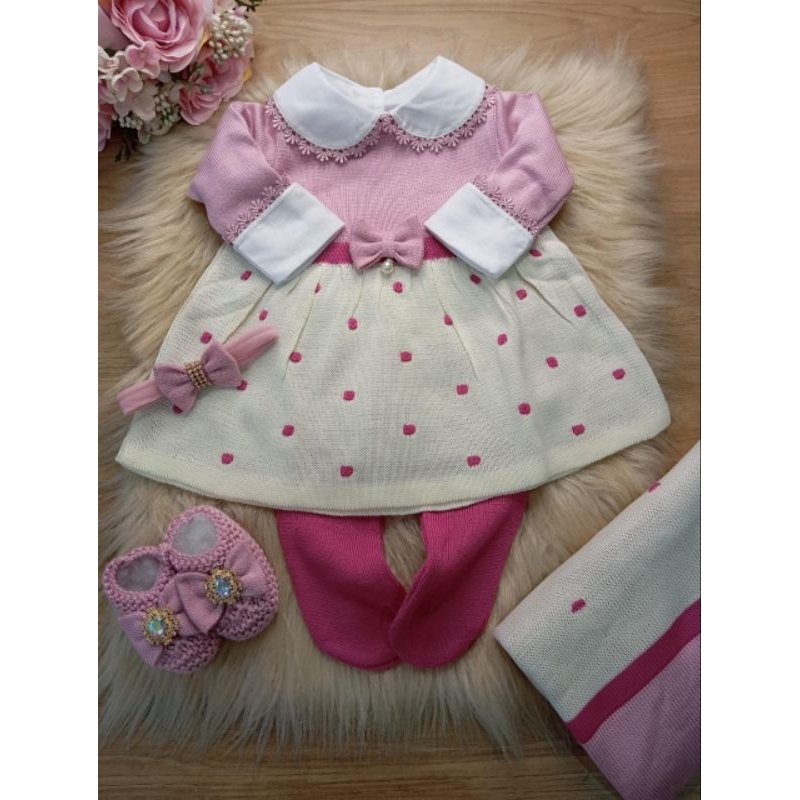 Saída de Maternidade de Luxo em Tricot. Saida Vestido Calça e Manta Rosa Poá