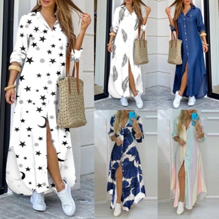 Vestido Camisa Solta Manga Longa Com Botão V De Manga E Estampa Casual Escritório Longos Para em Oferta na Shopee