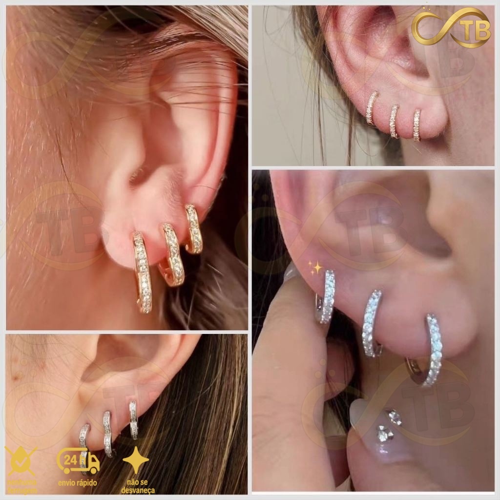 TB Colar Kit 3 pares feminina Brinco Trio Argola BANHADA PRATA 925 A OURO 18K com Zircônia Cravejada em Oferta na Shopee
