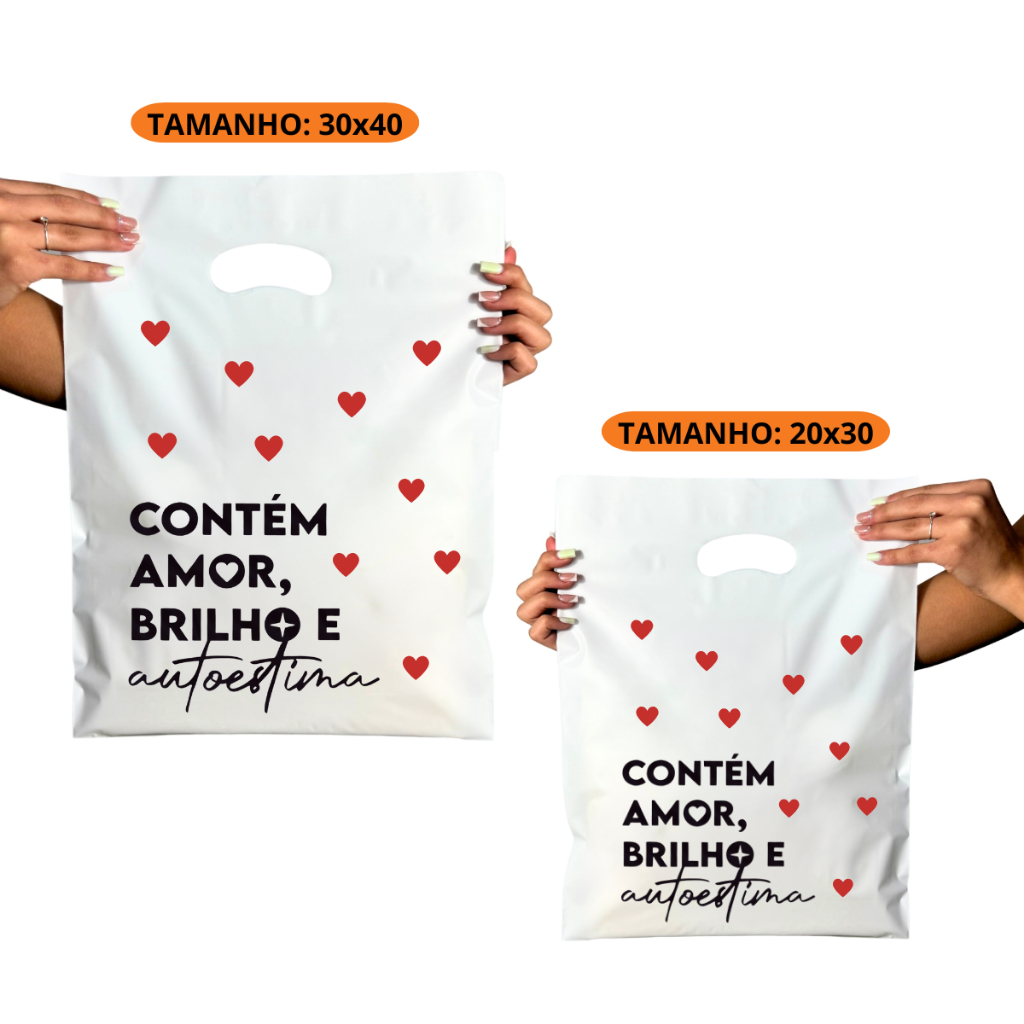 Sacolas Plásticas Boca De Palhaço Para Loja Tam M 20X30  - Contém, Amor , Brilho e Autoestima
