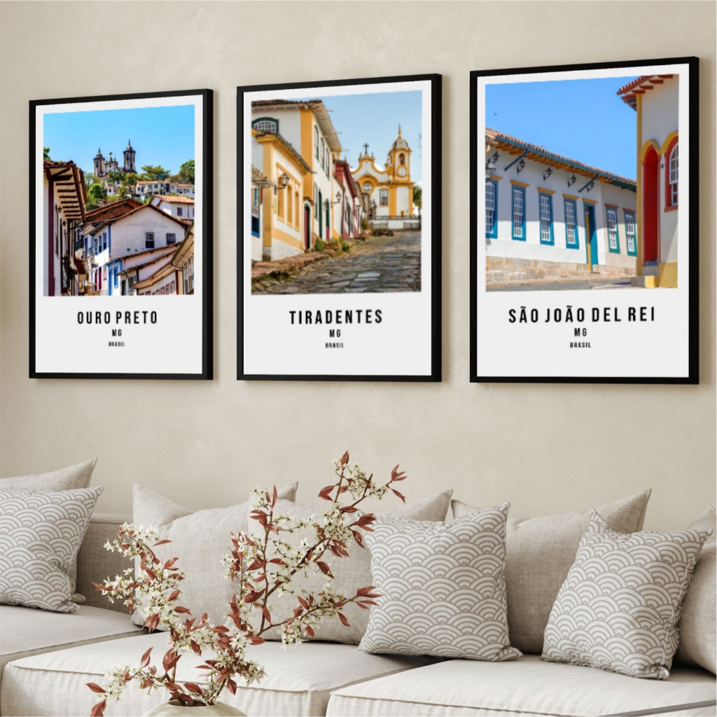kit 3 quadro decorativo ouro preto tiradentes são joão del rei cidades históricas de minas gerais com molduras