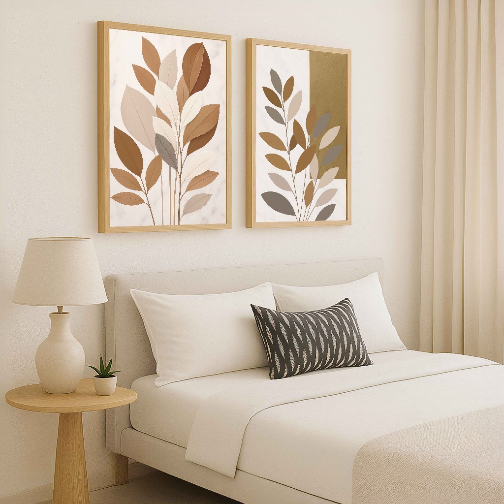 Kit 2 Quadros Decorativos Com Moldura e Vidro Para Sala Quarto Escritório Folhagem