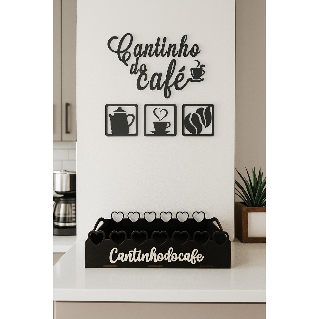 Kit Bandeja Coração + Cantinho do Café em MDF Com Apliques Para Decorar sua Casa ou Escritório