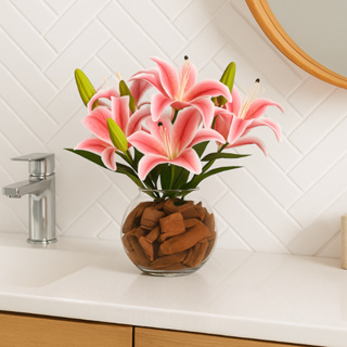 Arranjo de Flores Artificiais no Vaso de Vidro – Lírios Realistas – Decoração Elegante para Sala, Mesa ou Escritório em Oferta na Shopee