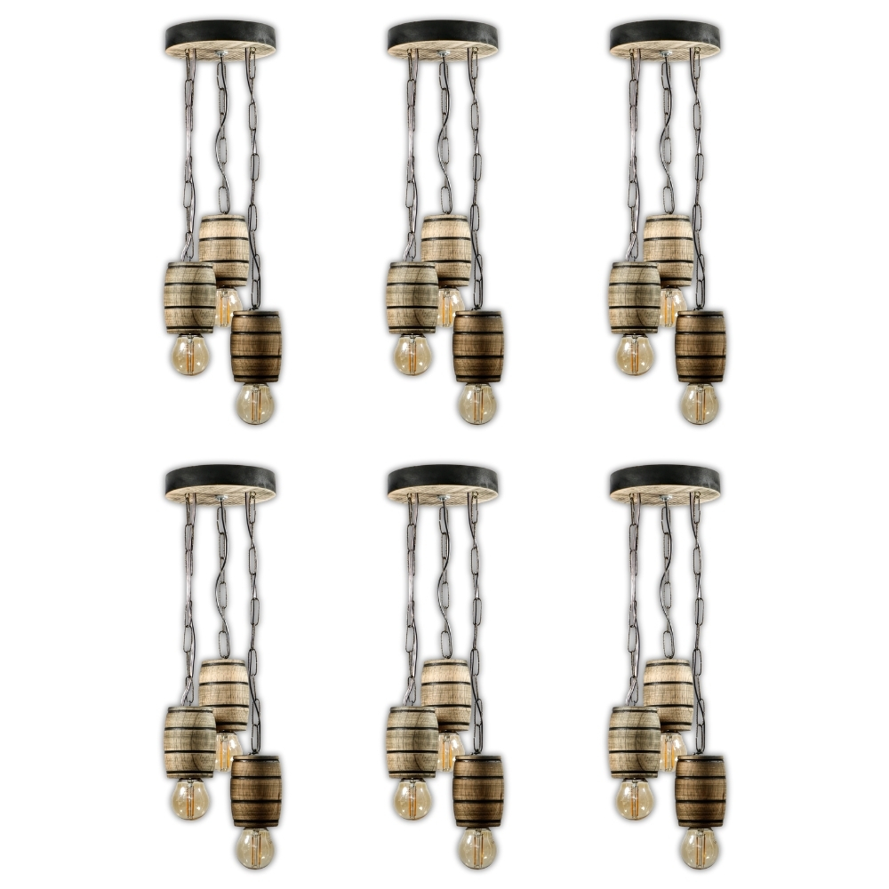 Kit 6 Luminária Pendente Lustre Rústico Vintage Colonial em Madeira Maciça Modelo Barril - Rústico