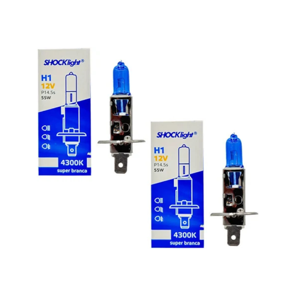 PAR DE Lâmpada SHOCK LIGHT H1 Super BRANCA 12V 55W Até 30% + Luz
