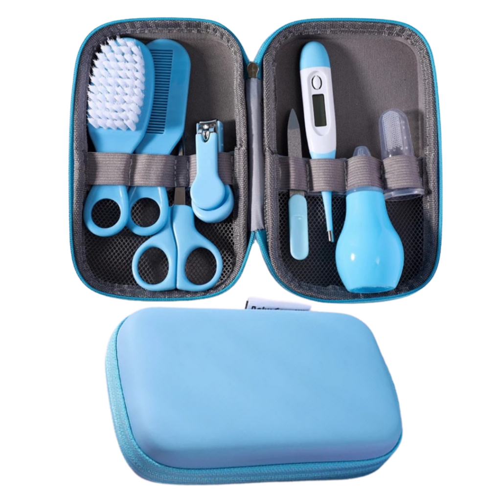 Kit Higiene Infantil 8 em 1 com Estojo Azul Fácil de Transportar