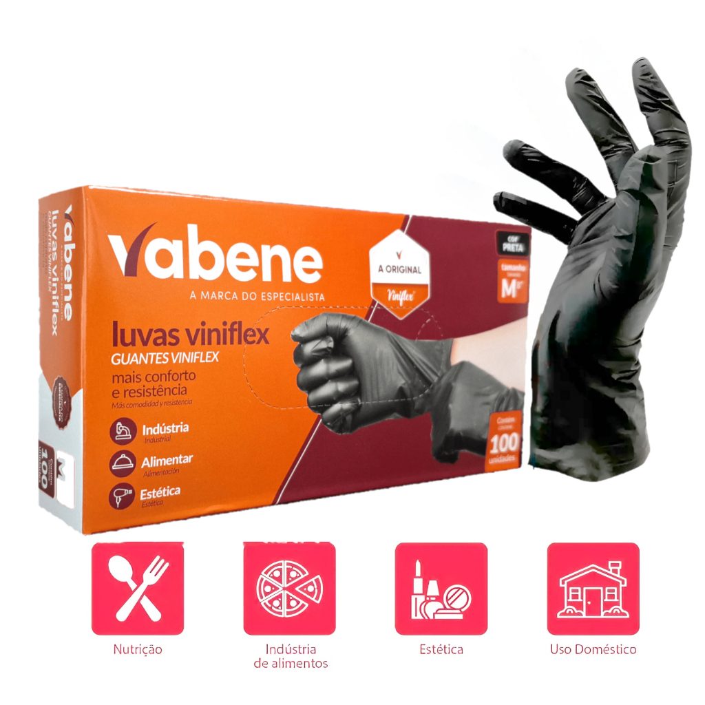 Kit 100 Luvas pretas vinilflex sem pó descartável P M G GG Vabene