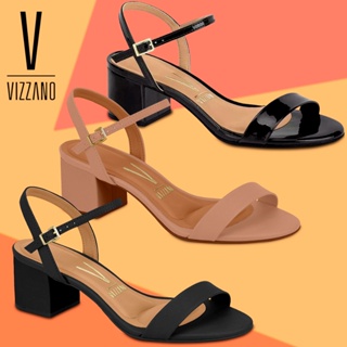 Sandália Vizzano Salto Médio Grosso Confortável Feminina Baixo Bloco Festa Social Casual Tiras Aberta Brilhante em Oferta na Shopee