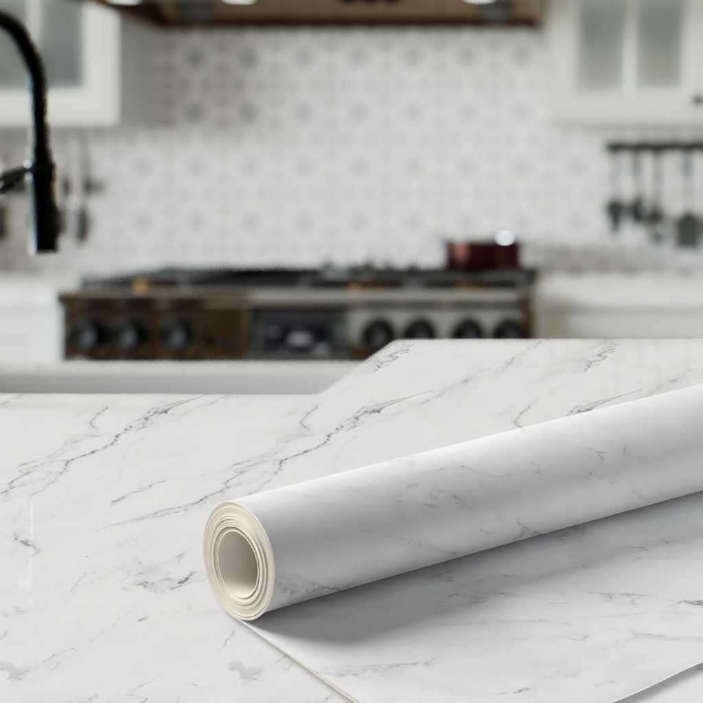 Papel de Parede Autocolante Mármore Branco e Cinza Para Cozinha, Móveis e Parede Adesivo Lavável