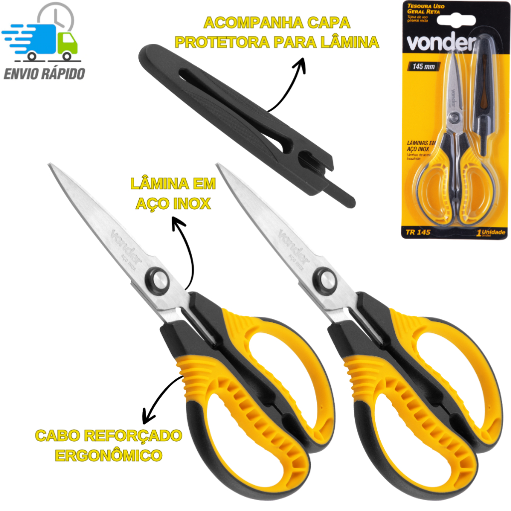 Kit 2 Tesouras Aço INOX Multiuso Reta Com Cabo Plástico Com Revestimento Emborrachado 145mm Vonder
