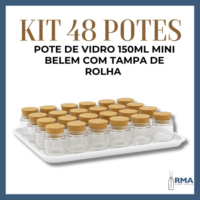 Pote de Vidro 150ml Mini Belem com Tampa de Rolha - Kit 48 Unidades para Lembrancinhas, Doces e Artesanato