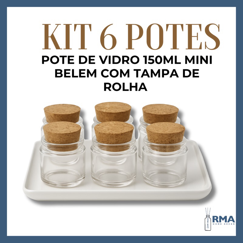 Pote de Vidro 150ml Mini Belem com Tampa de Rolha - Kit 6 Unidades para Lembrancinhas, Doces e Artesanato já