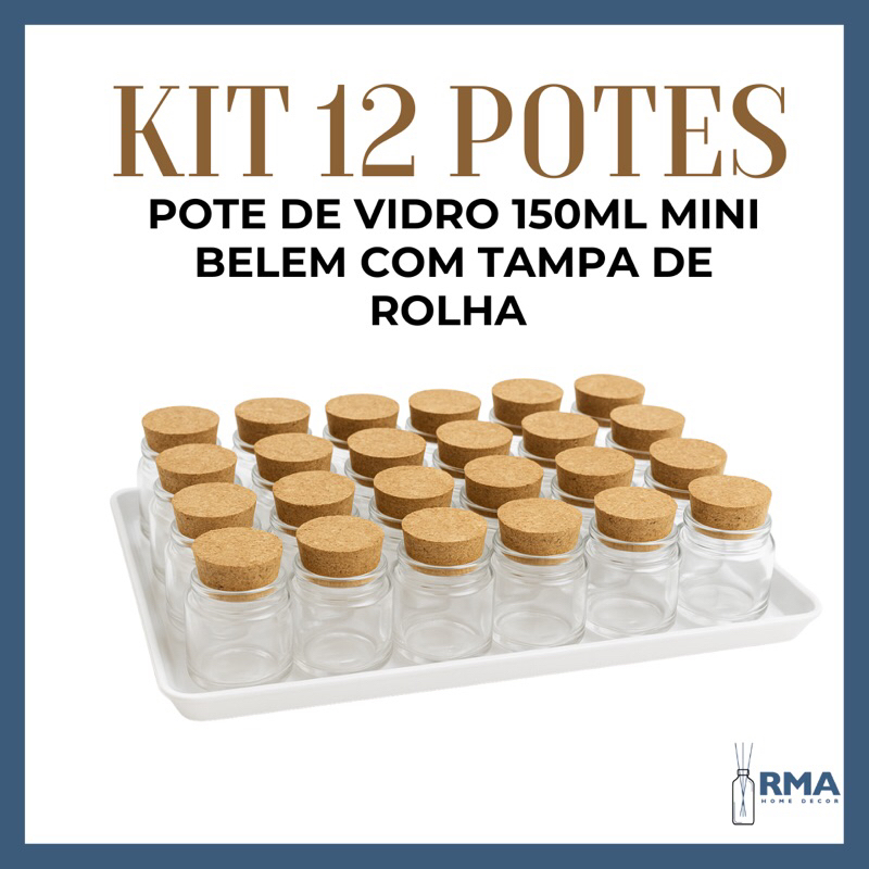 Pote de Vidro 150ml Mini Belem com Tampa de Rolha - Kit 12 Unidades para Lembrancinhas, Doces e Artesanato