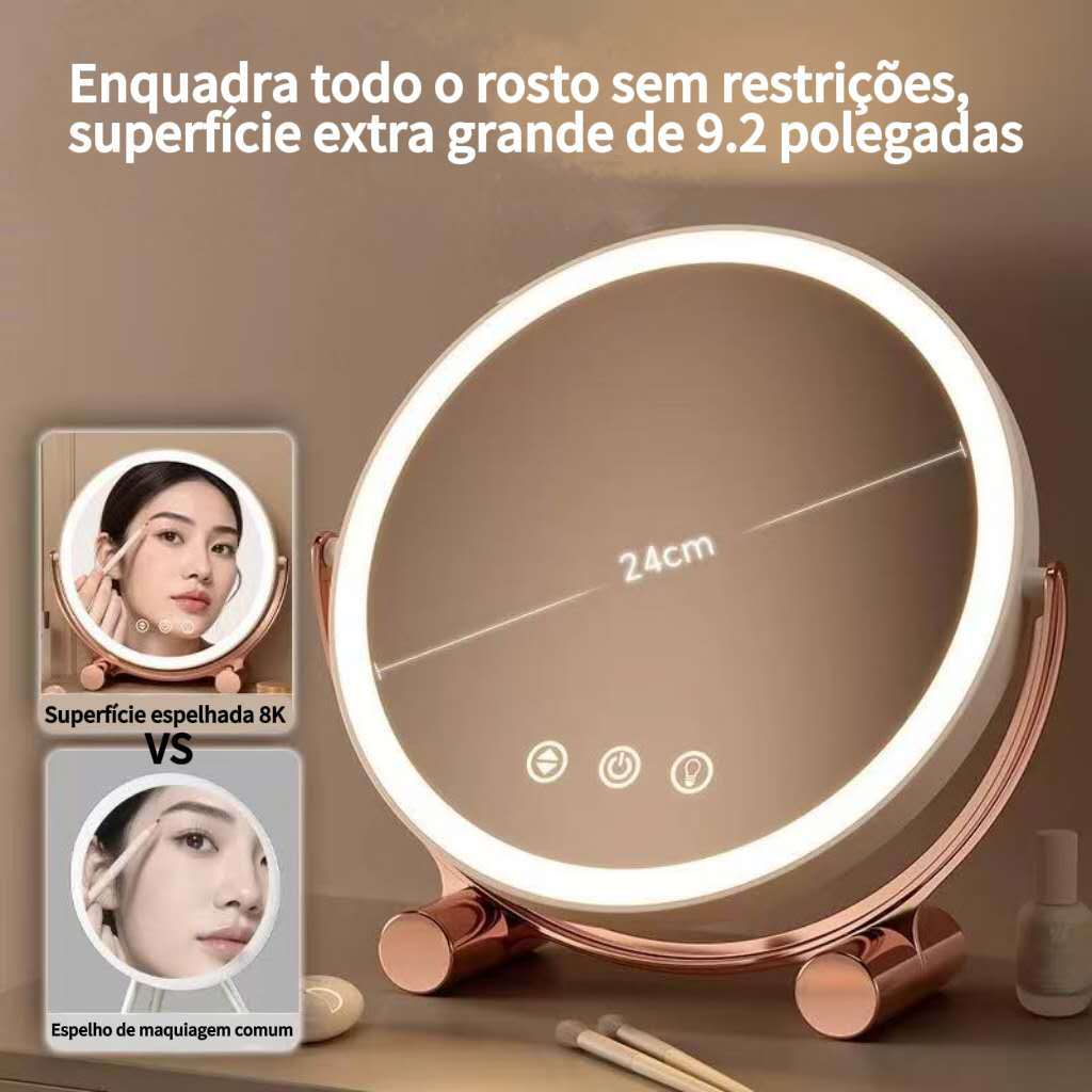 Espelho de Maquiagem com LED – Mesa Redonda, Madeira Bambu, Luz Branca, Recarga USB