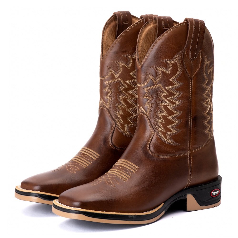 Bota Texana Campero Rodeio Country Couro Bico Quadrado Masculina Cowboy