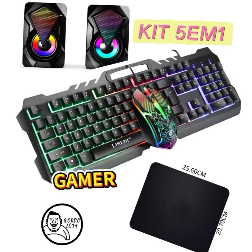 Kit 5em 1 Teclado Gamer Semi Mecanico Iluminado + mouse pad + caixa de som + mouse para Jogos em Oferta na Shopee