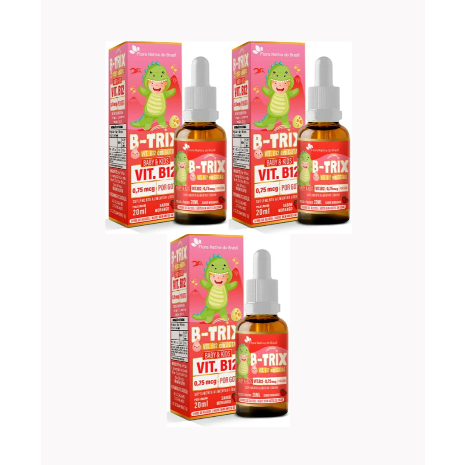 Kit 3x Vitamina B12 Infantil Kids B-trix 0,75mcg por gota 20ml (sabor morango) - Flora Nativa