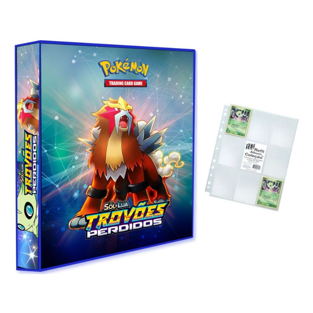 Álbum Pasta Fichário Pokemon com 10 Folhas YES 9 Bolsos Sol e Lua Trovões Perdidos Capa Dura