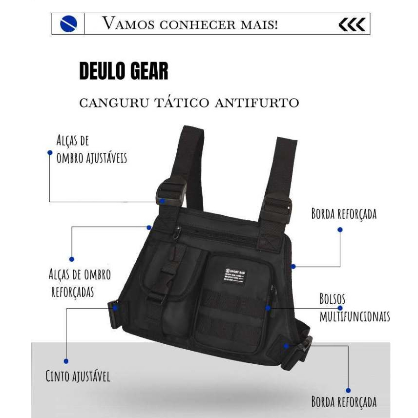 DUELO GEAR| Canguru Tático Antifurto - Várias Bolsas com Zíper Seguro, Preto Resistente para Motoboy, Viagem e Dia a Dia em Oferta na Shopee