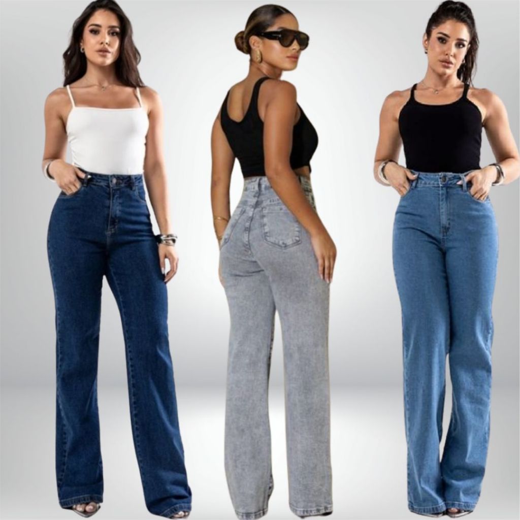 calça jeans wide leg feminina cintura alta com elastano escura consciência jeans