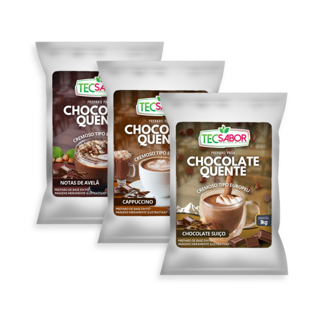 3x Chocolate Quente Cremoso tipo Europeu - 1x Cappucino, 1x Chocolate Suiço, 1x Notas de Avelã