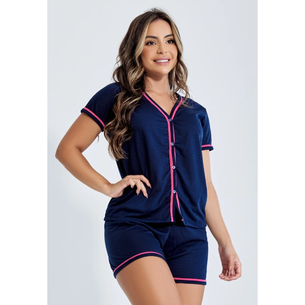 Pijama Feminino Baby Doll Short Verão Confortável Blogueirinha Alcinha Luxo Com Botões