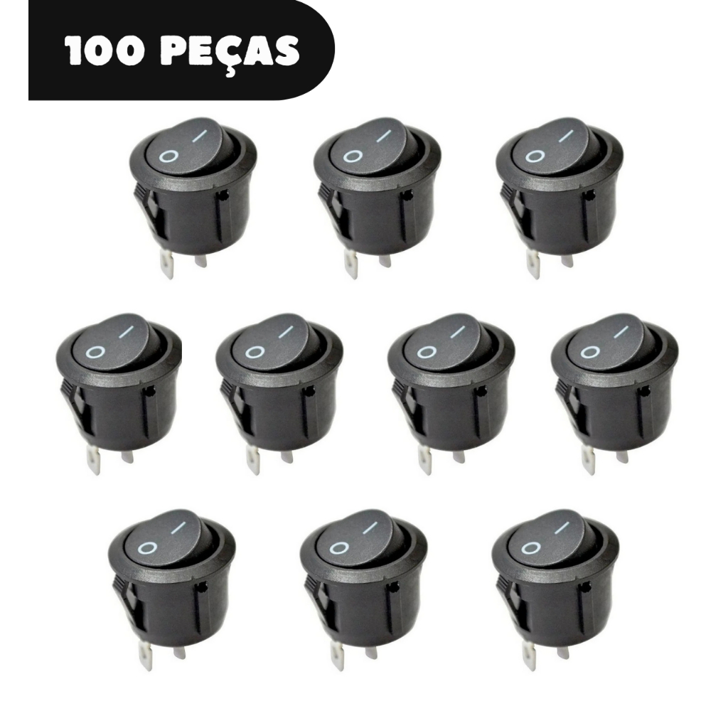 Kit 100 Chave Gangorra Interruptor Botão On/Off Liga Desliga Preto 2 Terminais KCD1-106-101