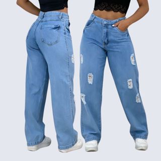 Calça Wide Leg Jeans Premium Feminina  Cintura Alta Confortável Tecido Grosso (Folgada) em Oferta na Shopee