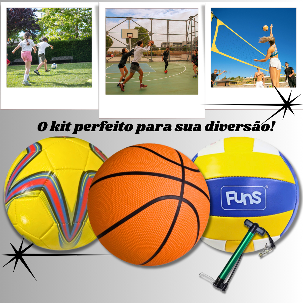 Kit bola futebol vôlei basquete tamanho oficial bomba ar campo quadra praia treino esporte completo