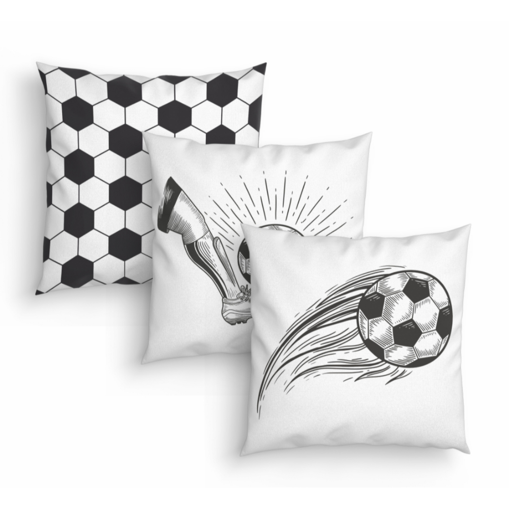 Kit 3 Capas de Almofadas Decorativas Infantil Futebol Preto e Branco