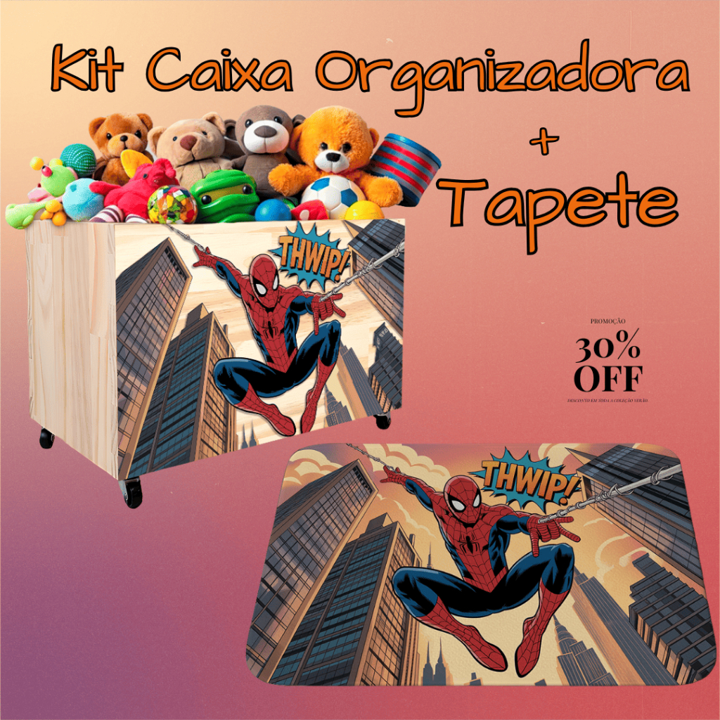 Kit Caixa Organizadora + Tapete de Porta, Caixote, Bau de Brinquedos com Rodinhas, Homem Aranha