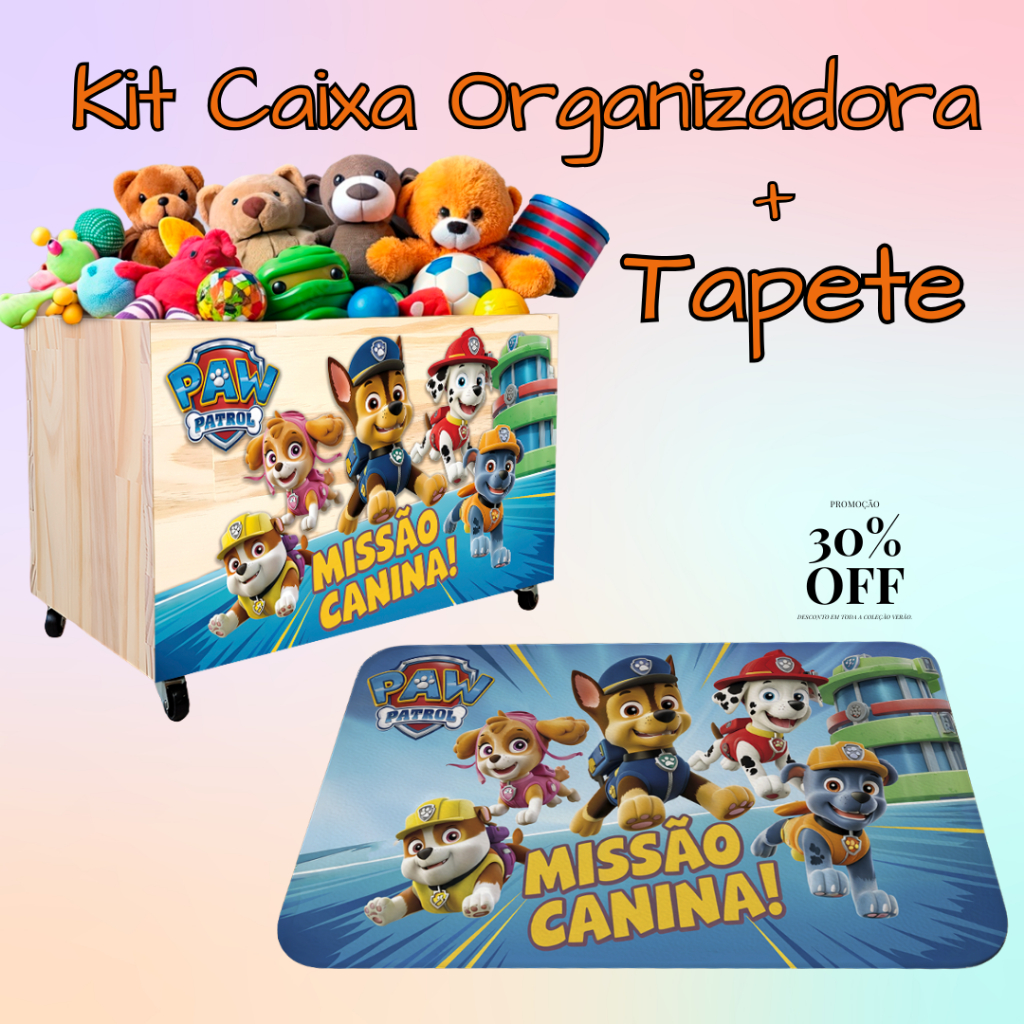 Kit Caixa Organizadora + Tapete de Porta, Caixote, Bau de Brinquedos com Rodinhas, Patrulh...