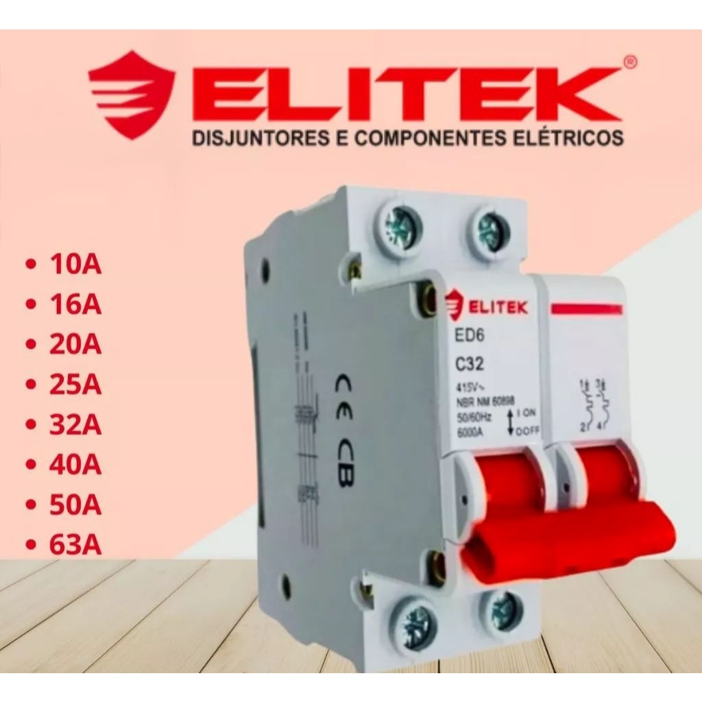 Disjuntor Bipolar 2 PÓLOS Elitek 10A 20A 25A 32A 40A 50A 63A 70A - Curva C - ED62