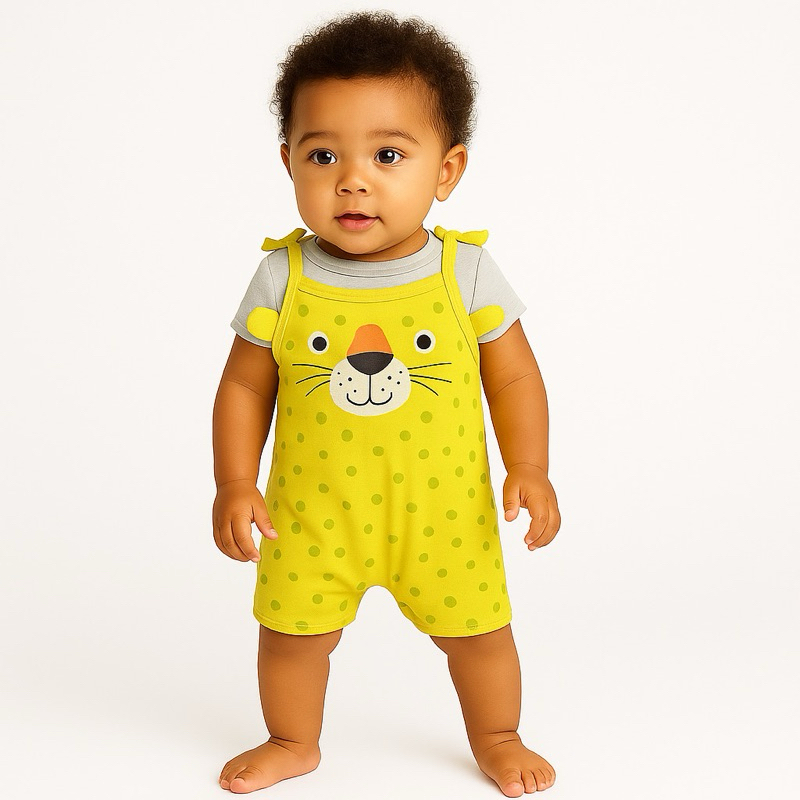 ENVIO EM 24H -Conjunto Infantil Divertido menino – Camiseta Cinza e Macaquinho Amarelo com Estampa de Onça | Tamanhos GG
