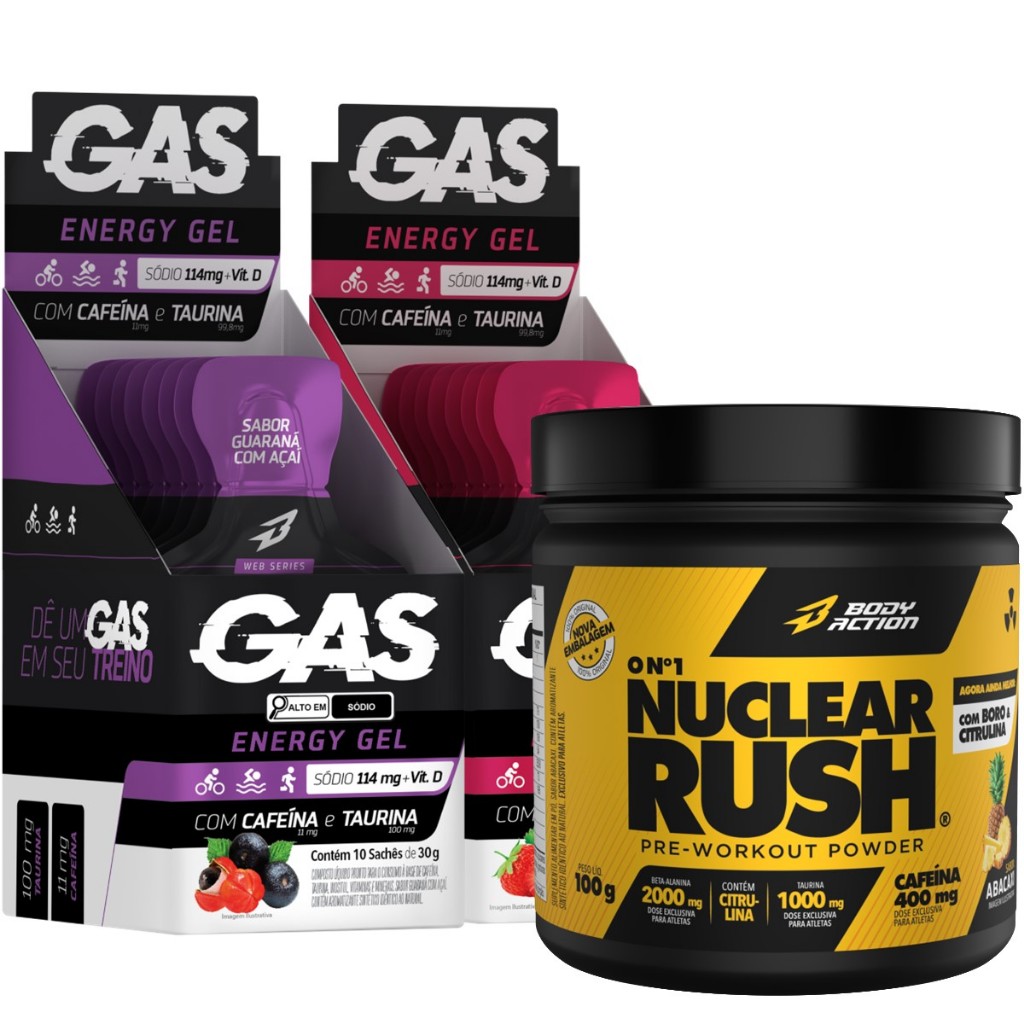 2x Gas Energy Gel 20 Sachês + Pré Treino Nuclear Rush Bodyaction em Oferta na Shopee
