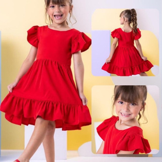 Vestido infantil menina liso vermelho festa Premium em Oferta na Shopee